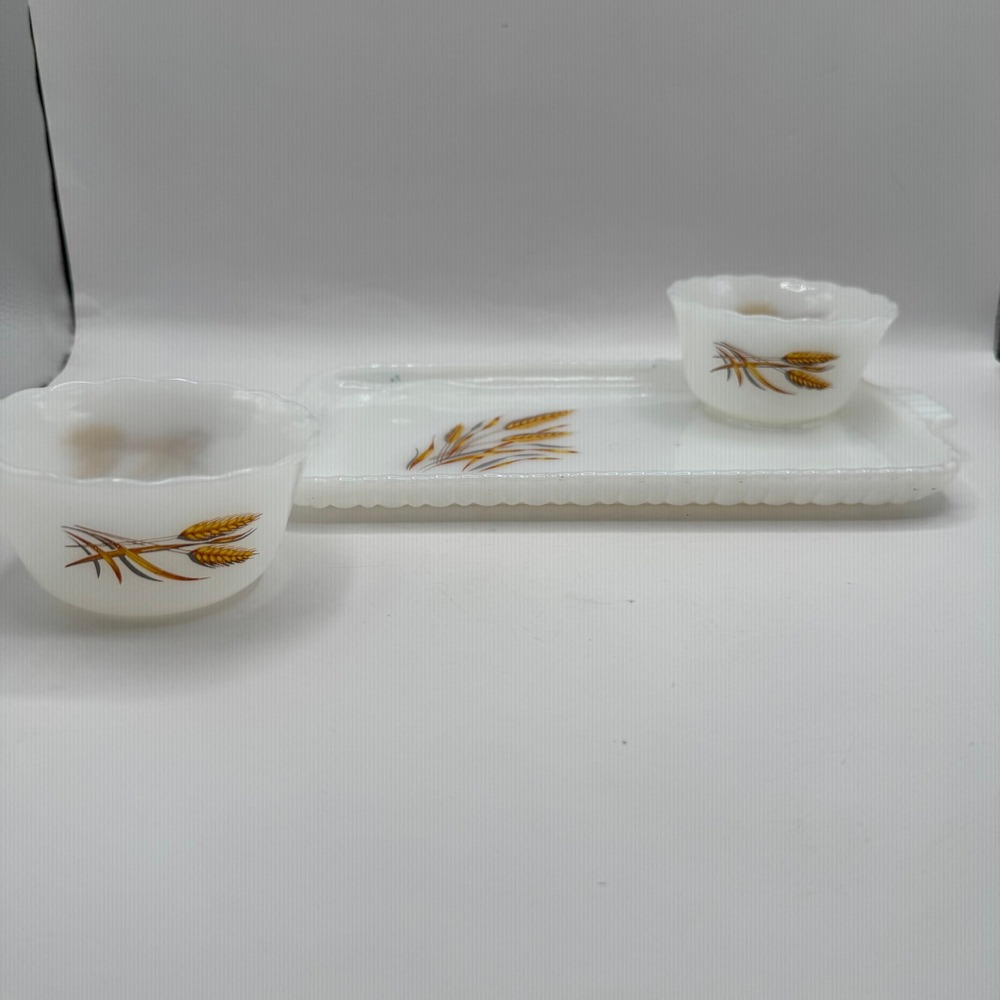 Fire-King Snack Set 3pc White Milk Glass‎ Golden Wheat Tray Custard Cups Vintage